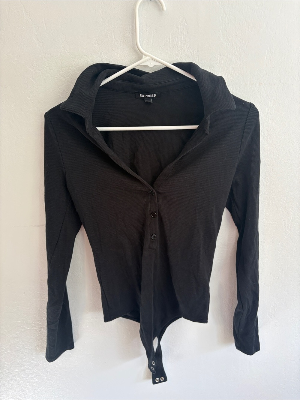 Express Black Long-Sleeve Collared Snap-Front Bodysuit